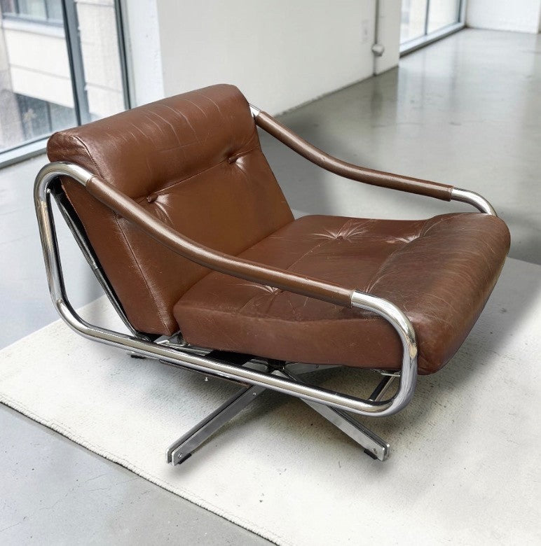 Tim Bates Pieff Alpha Original Brown Leather & Chrome Swivel Lounge Chair 1960s