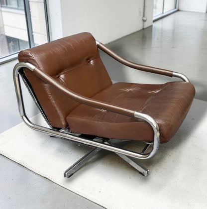 Tim Bates Pieff Alpha Original Brown Leather & Chrome Swivel Lounge Chair 1960s