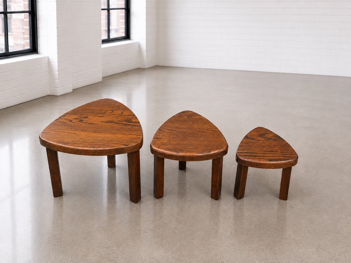 Vintage Brutalist Solid Oak Nesting Tables Set of 3 Pierre Chapo Style French Dutch 1970s
