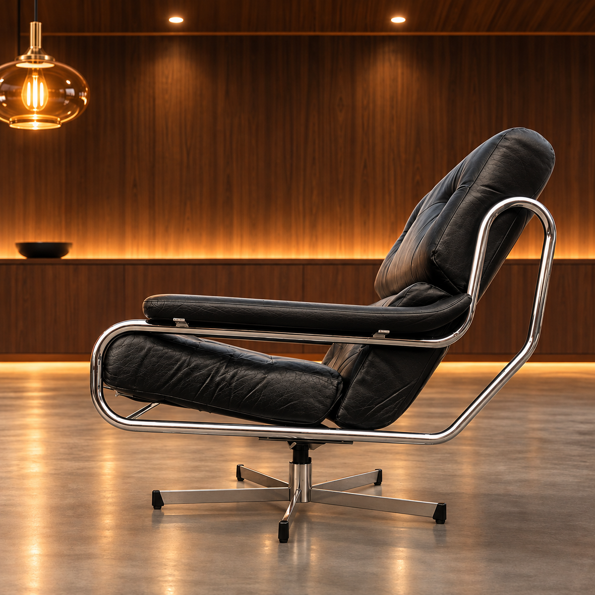 1970s Pieff Alpha lounge suite in original black leather with polished chrome frames, attributed to Tim Bates.