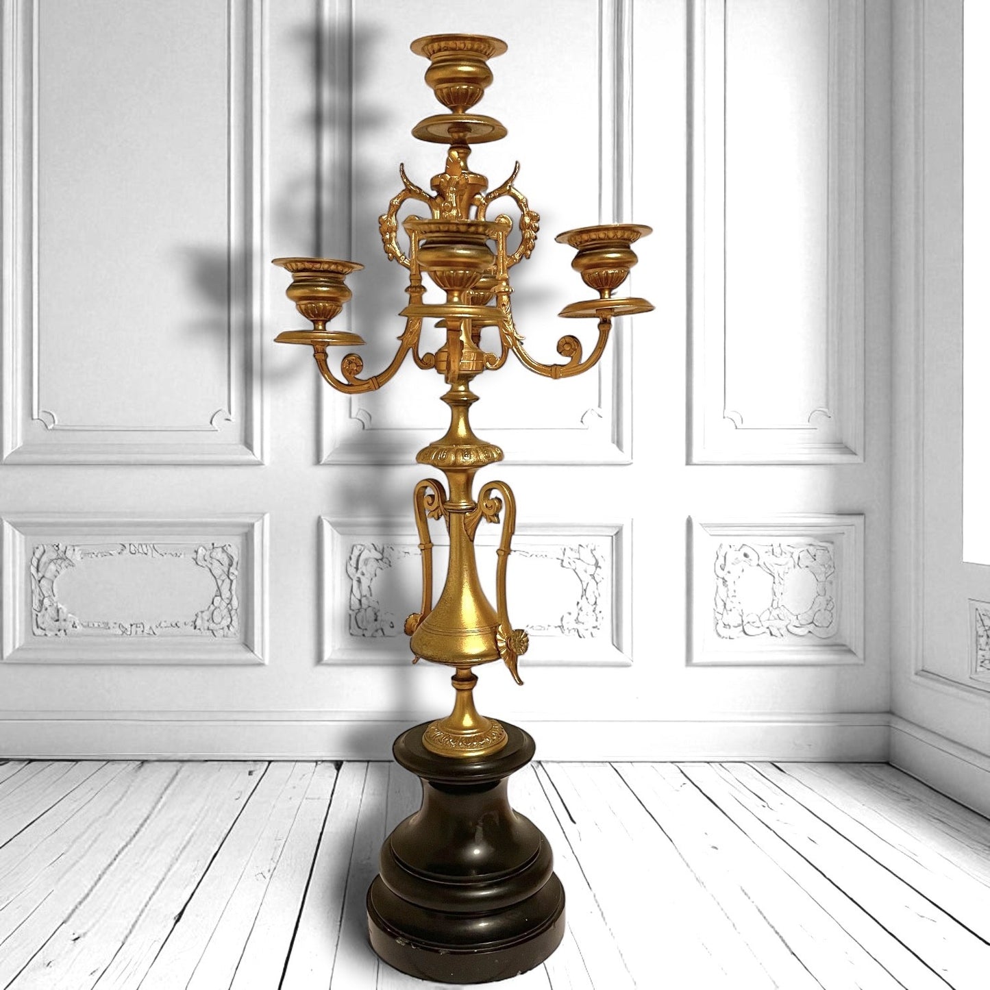 Pair of Tall Antique French Empire-Style Gilt Ormolu/Slate Candelabras 1880,  20 inches high