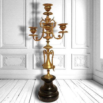 Pair of Tall Antique French Empire-Style Gilt Ormolu/Slate Candelabras 1880,  20 inches high