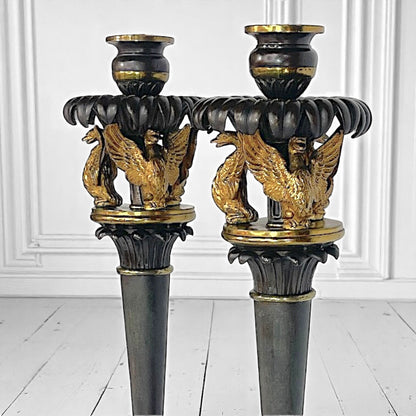 Pair of French Empire Candlesticks c.1810 – Gilt Bronze Swans – Attributed to Claude Galle