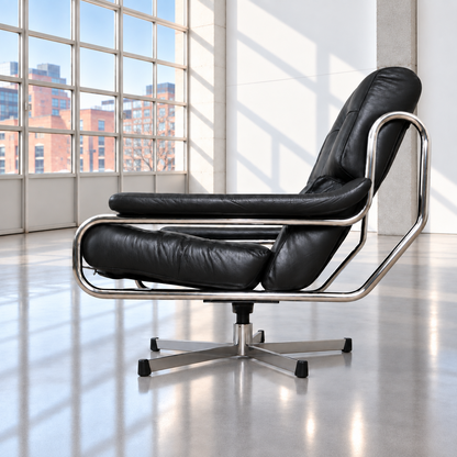 Mid Century Pieff Alpha Black Leather & Chrome Swivel Lounge Chair 1970s (Copy)