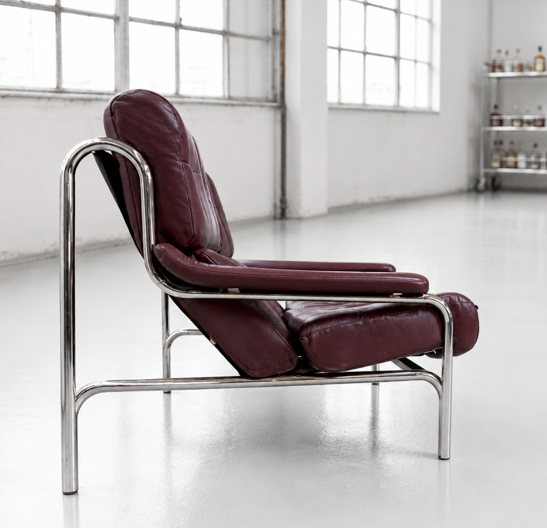 Rare Pieff Alpha 3 Seat Burgundy Sofa by Tim Bates Leather Chrome 1970's