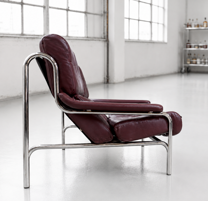 Rare Pieff Alpha 3 Seat Burgundy Sofa by Tim Bates Leather Chrome 1970's