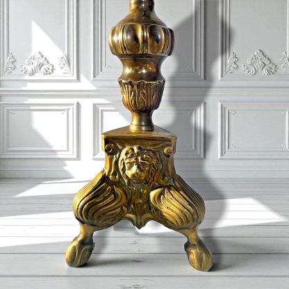 Pair of Antique Brass Candlesticks – Lion Mask & Acanthus Bases – Empire Revival Style c.1880