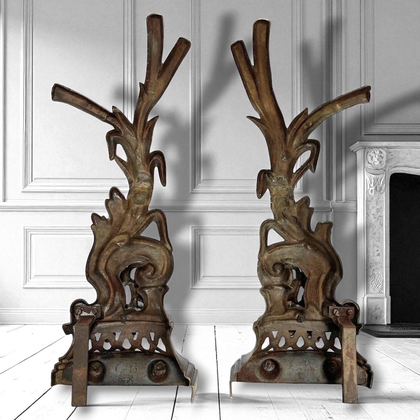 French Napoleon III 19c Chenêts Bronze Andiron Pair Of Fire Dogs