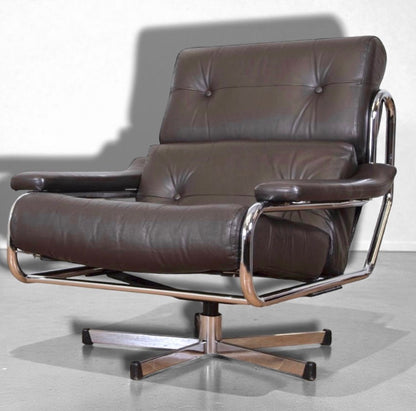 Tim Bates Pieff Alpha Original Brown Leather & Chrome Swivel Lounge Chair 1970s