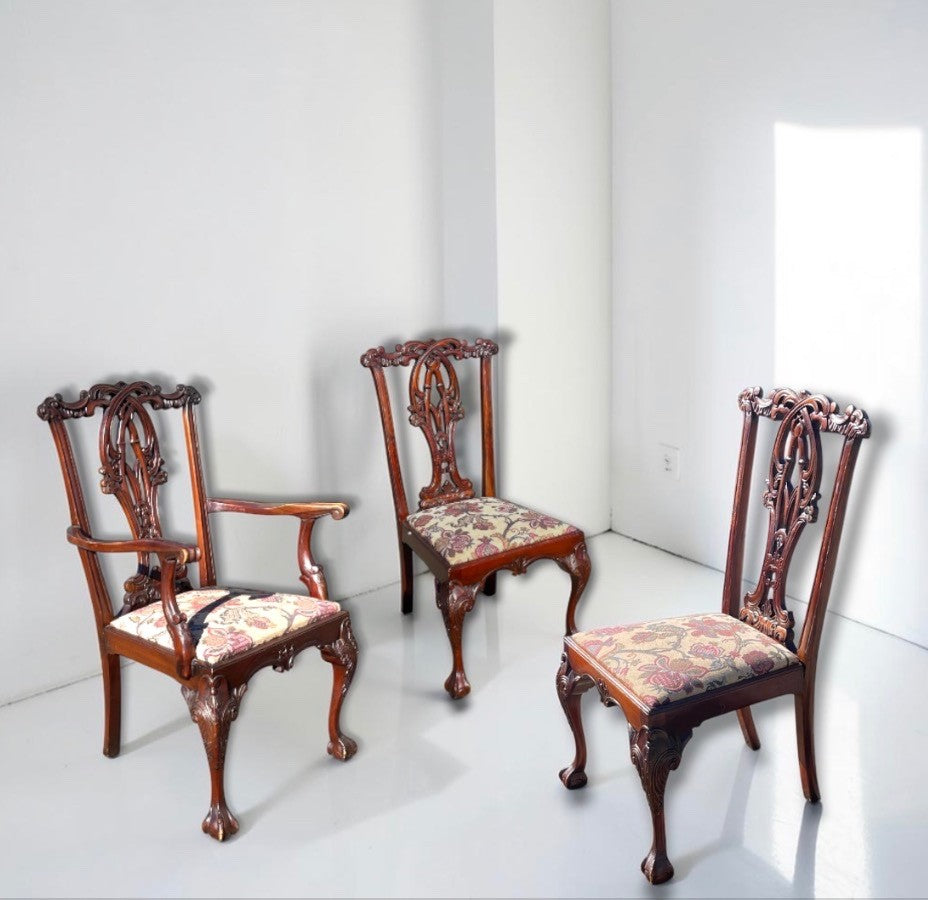 Antique Edwardian Chippendale Mahogany Extending Dining Table,8 Chairs 2 Carvers