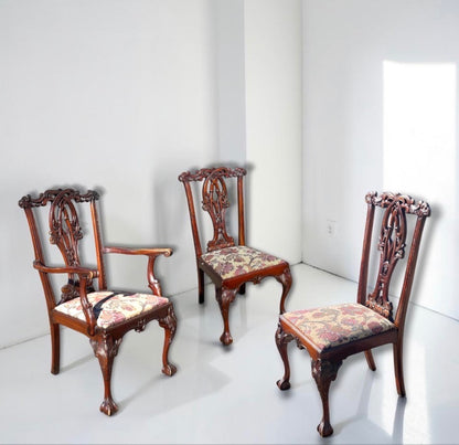 Antique Edwardian Chippendale Mahogany Extending Dining Table,8 Chairs 2 Carvers