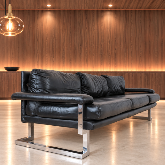 Mid Century Pieff Mandarin 3-Seater Black Leather Sofa,Tim Bates, 1970s