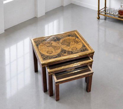 Mid-century Maison Jansen Attributed Campaign Nest 3 World Map Tables Brass c1960