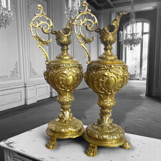 Pair of Antique French of Gold Gilt Bronze French Ewers 1880