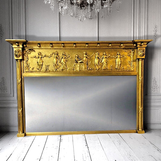 French Empire 19th Century Gilt Wood and Gesso Over-mantle Mercury Mirror