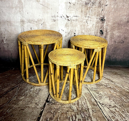 Mid Century Nest of 3 Boho Cylinder Blonde Bamboo Tables/Stools