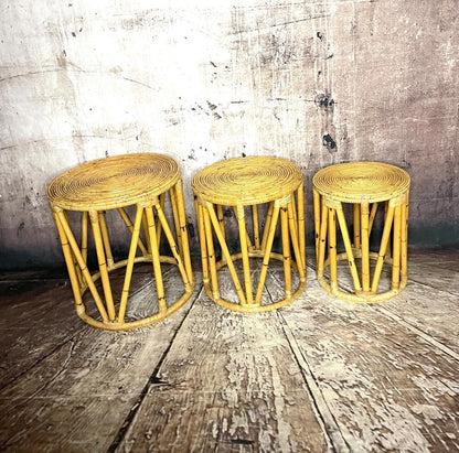 Mid Century Nest of 3 Boho Cylinder Blonde Bamboo Tables/Stools