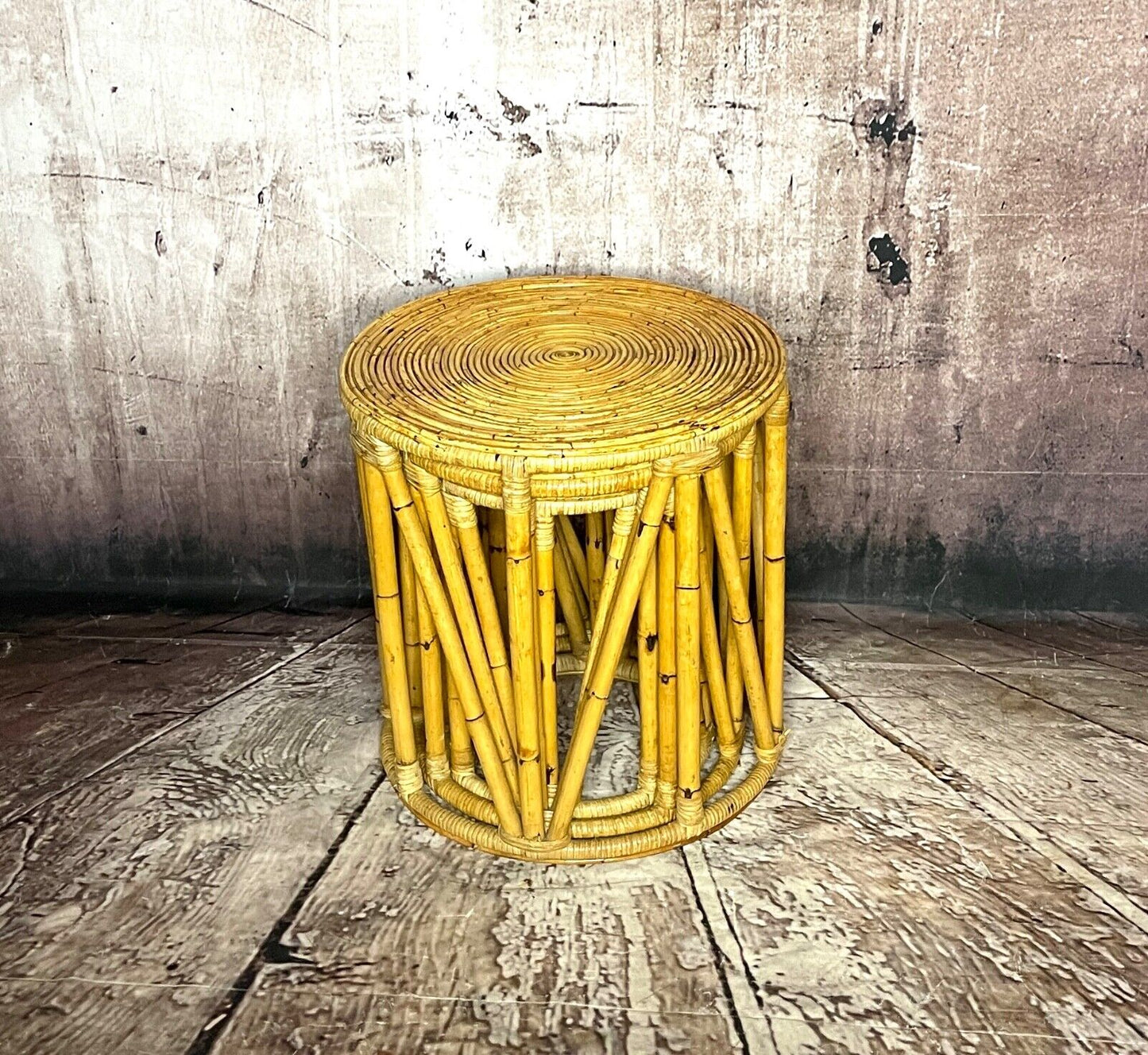 Mid Century Nest of 3 Boho Cylinder Blonde Bamboo Tables/Stools