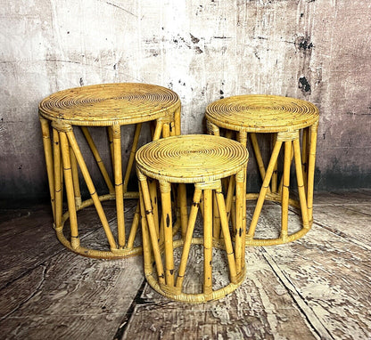 Mid Century Nest of 3 Boho Cylinder Blonde Bamboo Tables/Stools