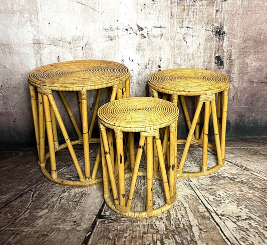 Mid Century Nest of 3 Boho Cylinder Blonde Bamboo Tables/Stools