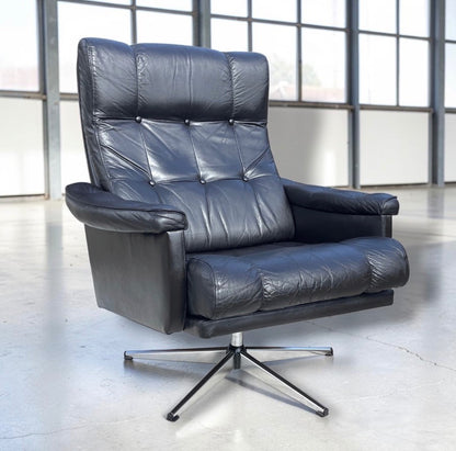 Mid Century Danish H.W. Klein Bramin Black Leather Swivel Lounge Chair Attributed 1970s