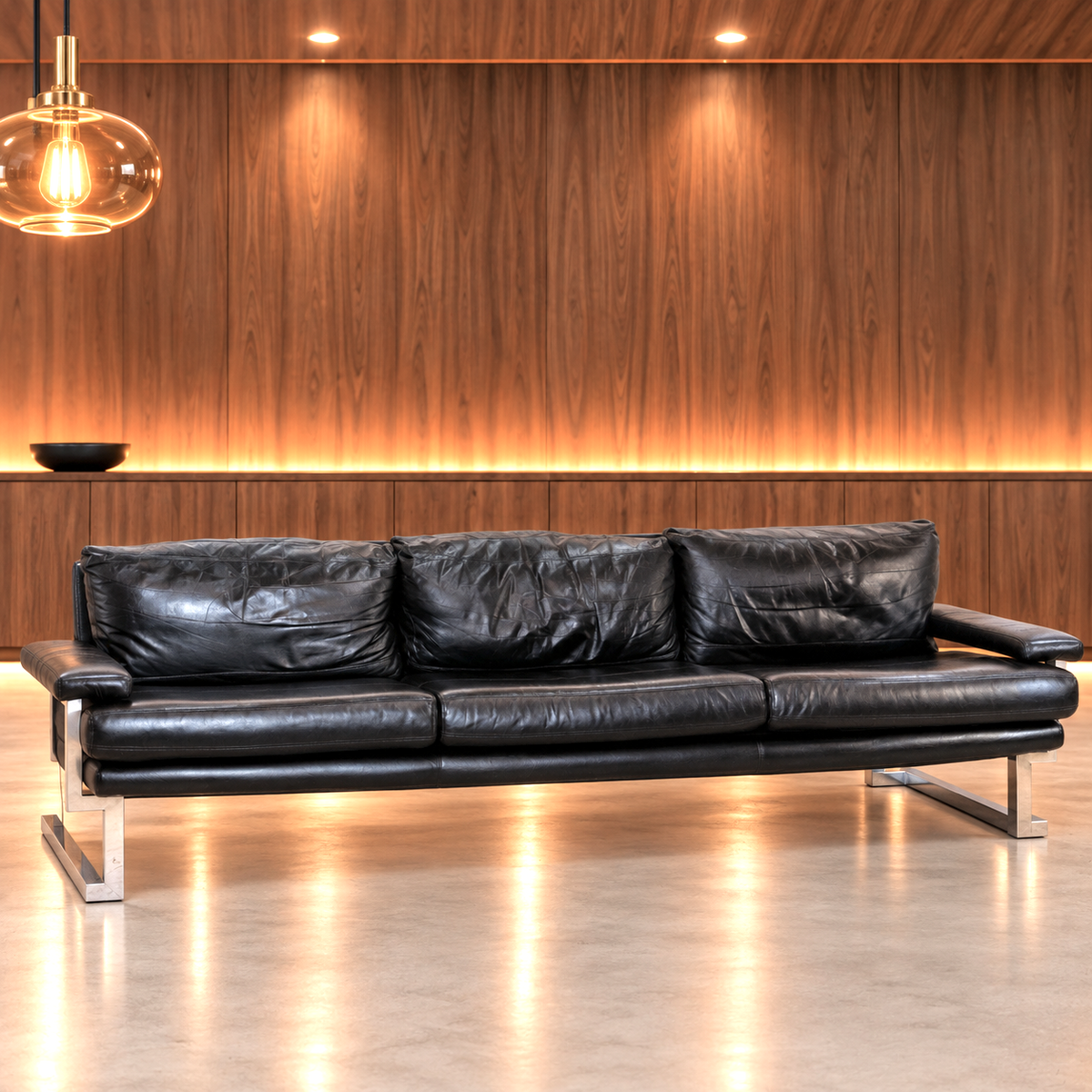 Mid Century Pieff Mandarin 3-Seater Black Leather Sofa,Tim Bates, 1970s