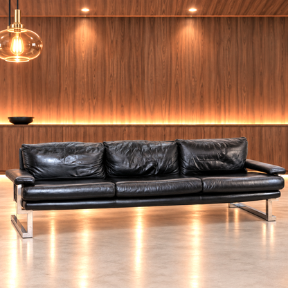 Mid Century Pieff Mandarin 3-Seater Black Leather Sofa,Tim Bates, 1970s
