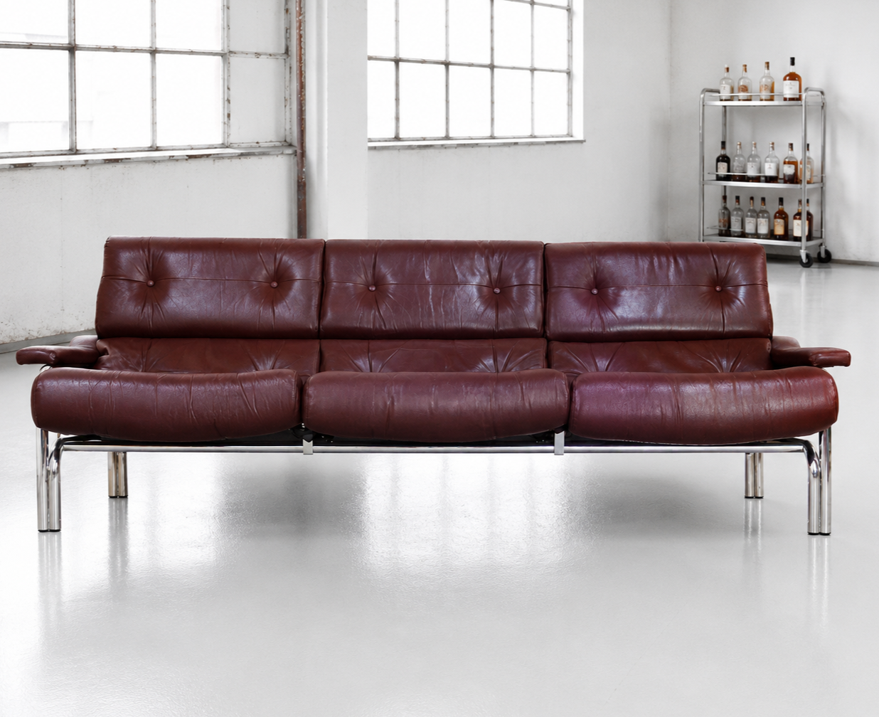 Rare Pieff Alpha 3 Seat Burgundy Sofa by Tim Bates Leather Chrome 1970's