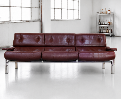 Rare Pieff Alpha 3 Seat Burgundy Sofa by Tim Bates Leather Chrome 1970's