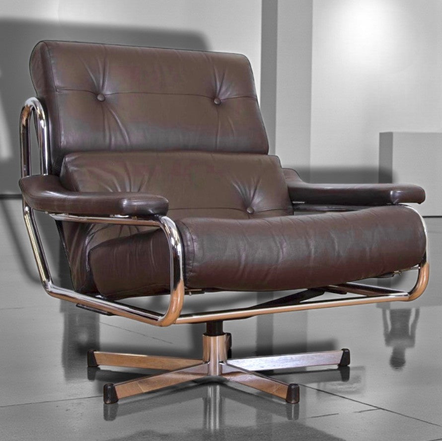 Tim Bates Pieff Alpha Original Brown Leather & Chrome Swivel Lounge Chair 1970s