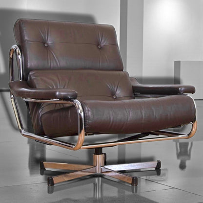 Tim Bates Pieff Alpha Original Brown Leather & Chrome Swivel Lounge Chair 1970s