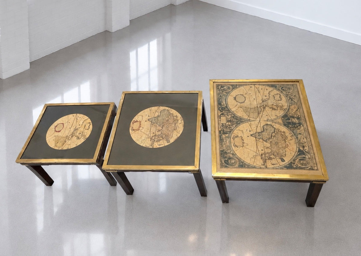 Mid-century Maison Jansen Attributed Campaign Nest 3 World Map Tables Brass c1960