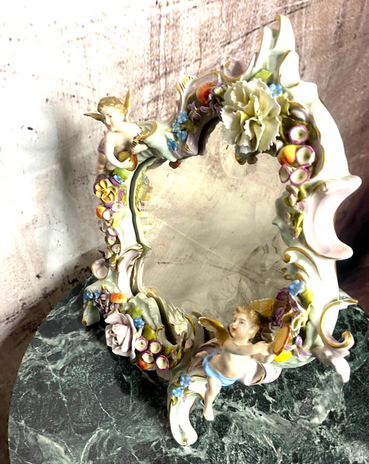 Sherholtz Dresden Porcelain Cherub Flower Vanity Mirror ,wall mount or stand.
