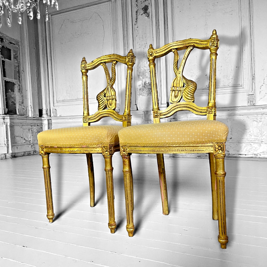 A Pair Of Antique Louis XVI Style Gilt-wood Side Chairs – Lyre Back, Fluted Legs, c.1900
