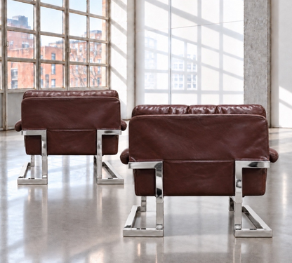 Pieff Mandarin Mid Century Pair Brown Leather & Chrome Arm Chairs 1970s