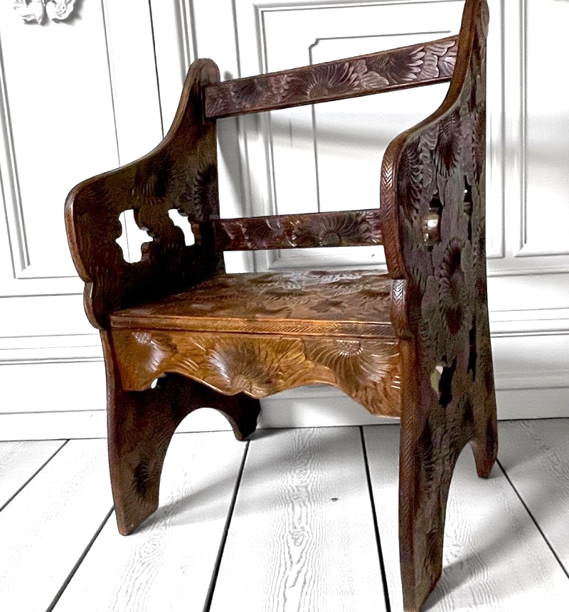 Antique Liberty Arts & Crafts Japanese Carved Floral Fruitwood Chair 1905