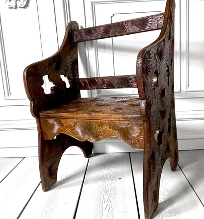 Antique Liberty Arts & Crafts Japanese Carved Floral Fruitwood Chair 1905