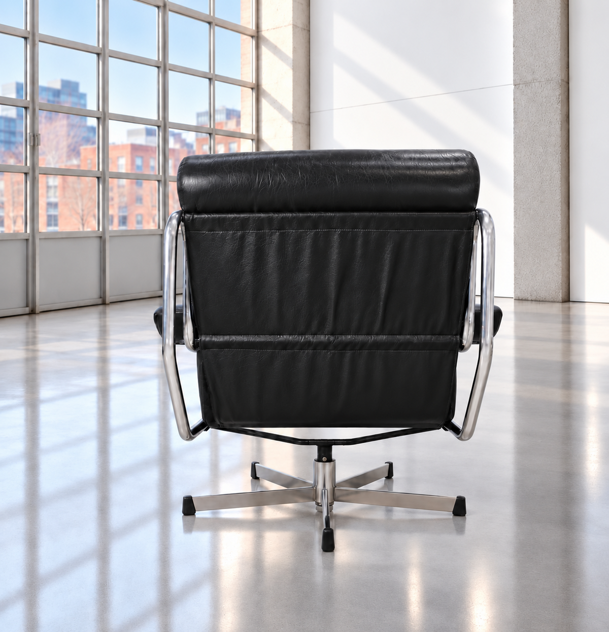 Mid Century Pieff Alpha Black Leather & Chrome Swivel Lounge Chair 1970s (Copy)