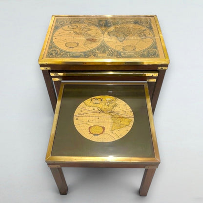 Mid-century Maison Jansen Attributed Campaign Nest 3 World Map Tables Brass c1960