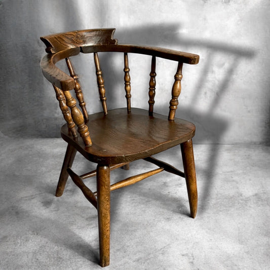 Antique Captain's Bow Oak Seat Smokers Chair Stamped J ELLIOTT & SON 1917c