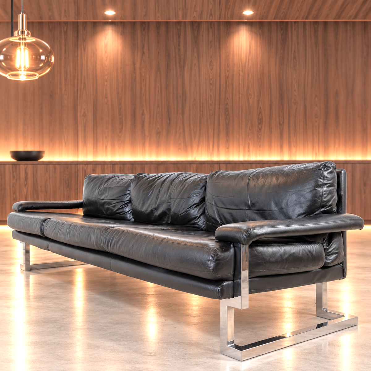 Mid Century Pieff Mandarin 3-Seater Black Leather Sofa,Tim Bates, 1970s