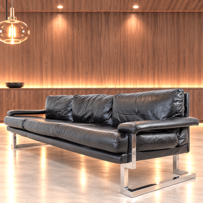 Mid Century Pieff Mandarin 3-Seater Black Leather Sofa,Tim Bates, 1970s