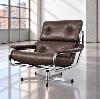 Mid Century Pieff Alpha Brown Leather & Chrome Swivel Lounge Chair 1970s