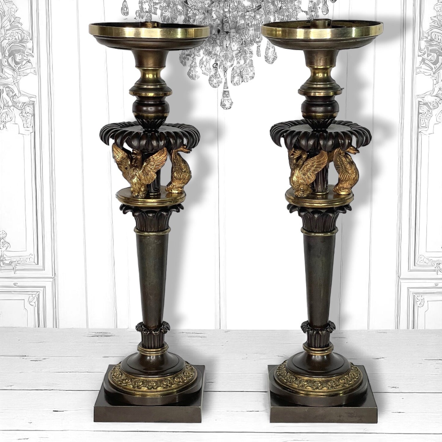 Pair of French Empire Candlesticks c.1810 – Gilt Bronze Swans – Attributed to Claude Galle
