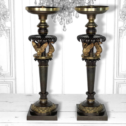 Pair of French Empire Candlesticks c.1810 – Gilt Bronze Swans – Attributed to Claude Galle