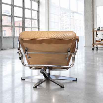 Skoghaug Model N Norwegian Cognac Leather Recliner Swivel Chair 1970