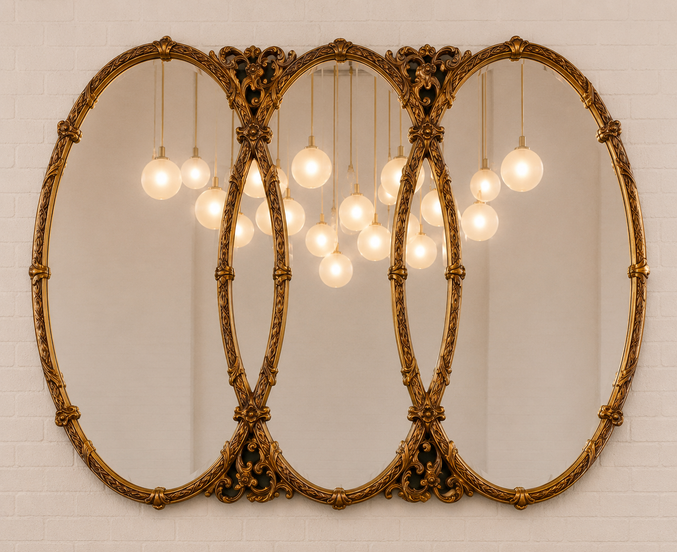 Gilt Hollywood Regency Mirror Triptych Triple Interlocking Oval Wall Bassett 1970
