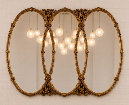 Gilt Hollywood Regency Mirror Triptych Triple Interlocking Oval Wall Bassett 1970