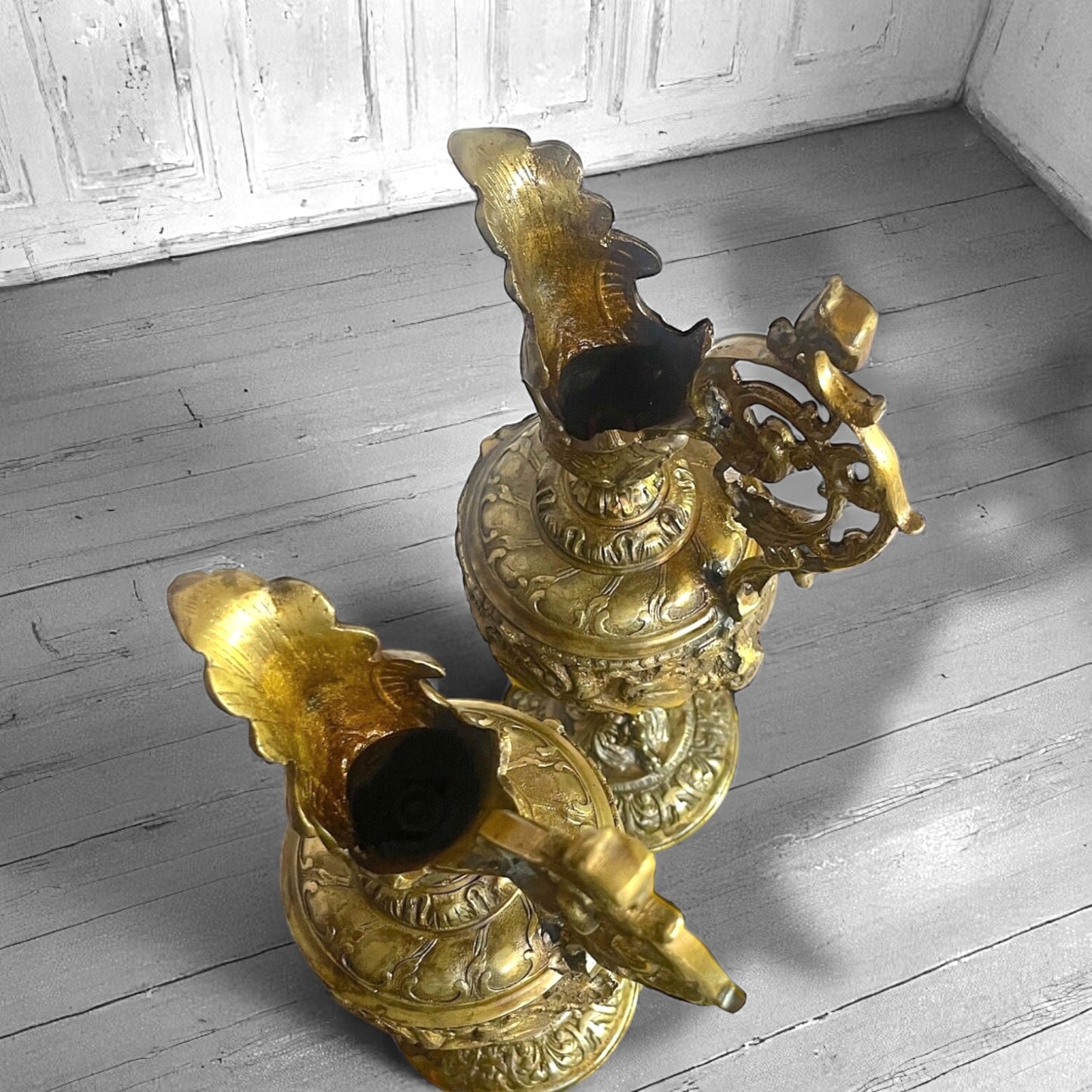 Pair of Antique French of Gold Gilt Bronze French Ewers 1880