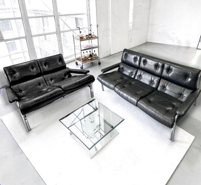 1970s Pieff Alpha lounge suite in original black leather with polished chrome frames, attributed to Tim Bates.